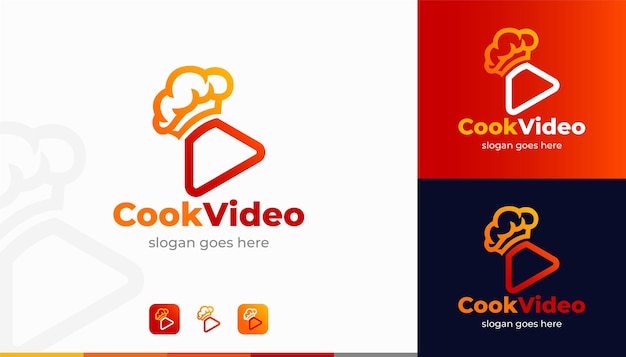 Il concetto di progettazione di logo di riproduzione video di cucina con cappello da cuoco e simbolo di gioco