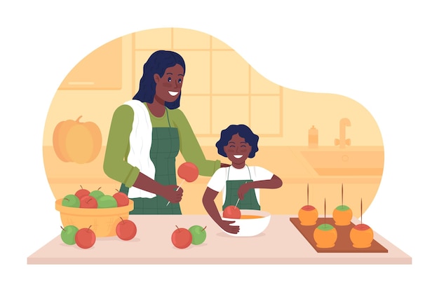 cooking with child in autumn 2d vector isolated illustration