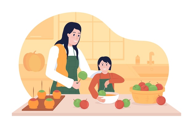 Vector cooking with child in fall 2d vector isolated illustration