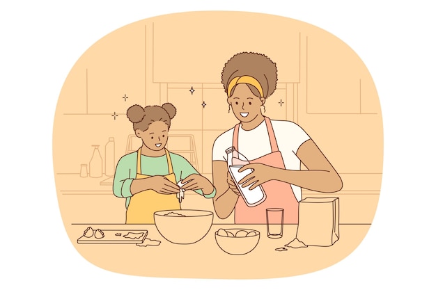 Cooking with family and leisure concept happy positive black mother and her daughter standing in kitchen at home making dough and cooking together pie or cake vector illustration