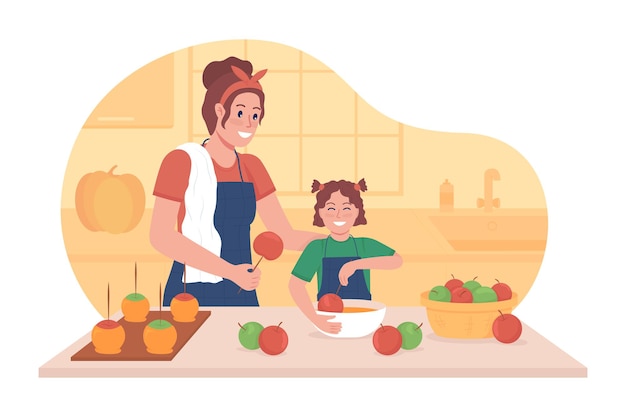 Vector cooking with kid in fall 2d vector isolated illustration