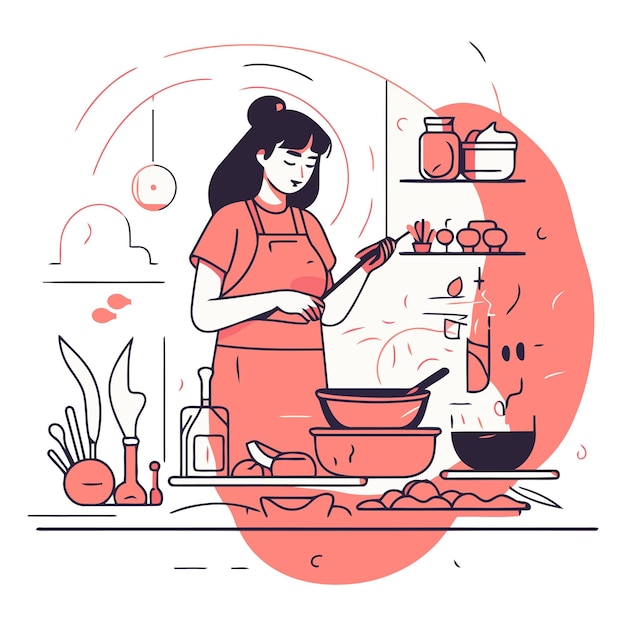 Vector cooking woman in kitchen in flat linear style