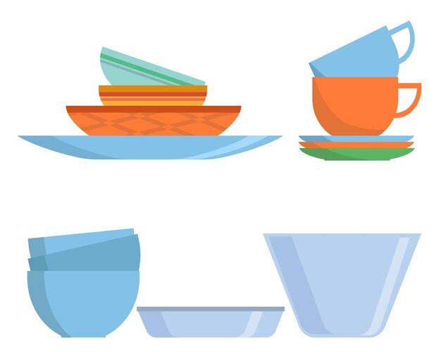 ベクトル 調理器具セット カラフルな皿 キッチン用家具 カップと皿 テーブルウェアと器具