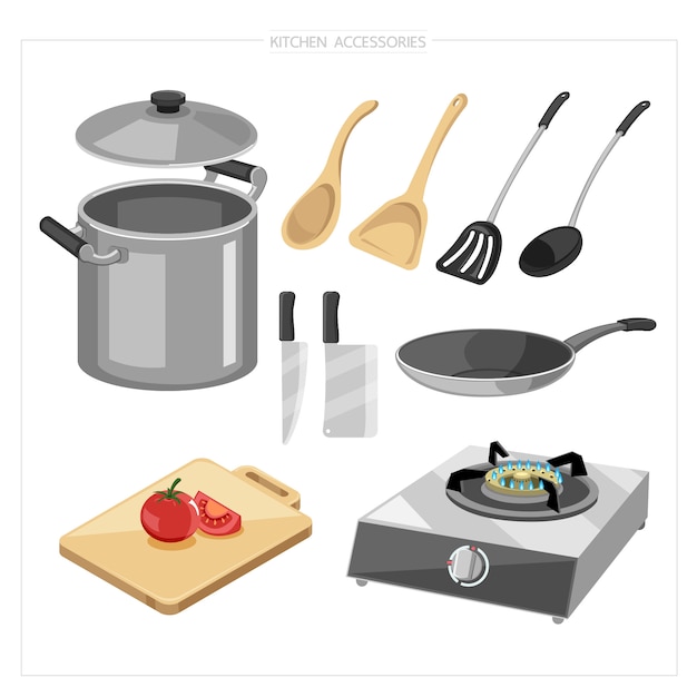 ベクトル キャセロール、鍋、まな板、まな板、ナイフ、ガスコンロなど、調理用の調理器具セット