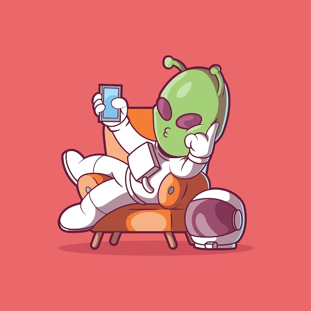 Vector cool alien zit op een bank en neemt een selfie vector illustratie tech space alien design concept