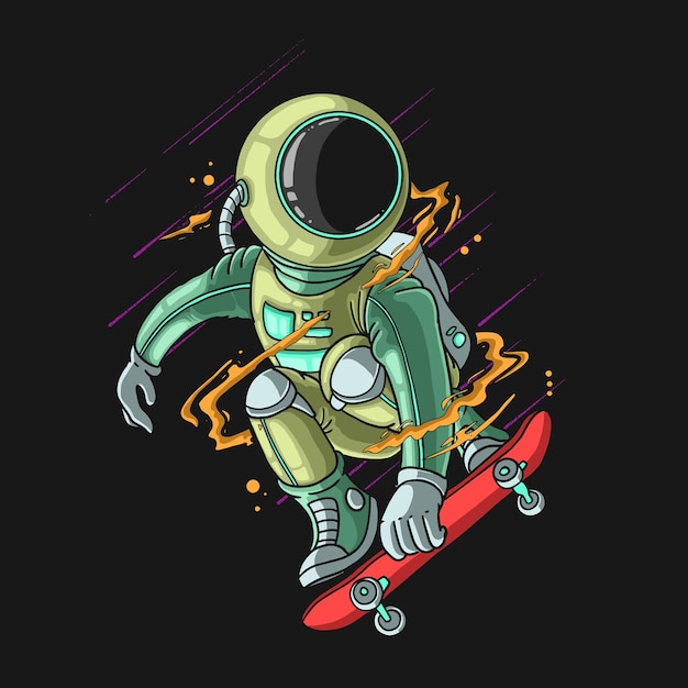 cool astronaut play skateboarding extreme illustration