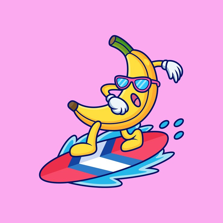 Vector cool banana cartoon playing surfing. fruit vector icon illustration, isolated on premium vector