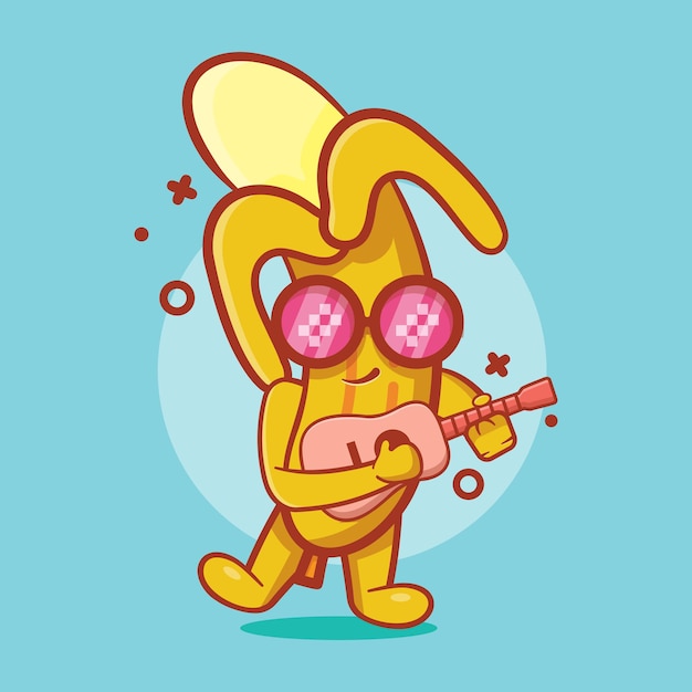 Cool banana fruit character mascot playing guitar isolated cartoon in flat style design