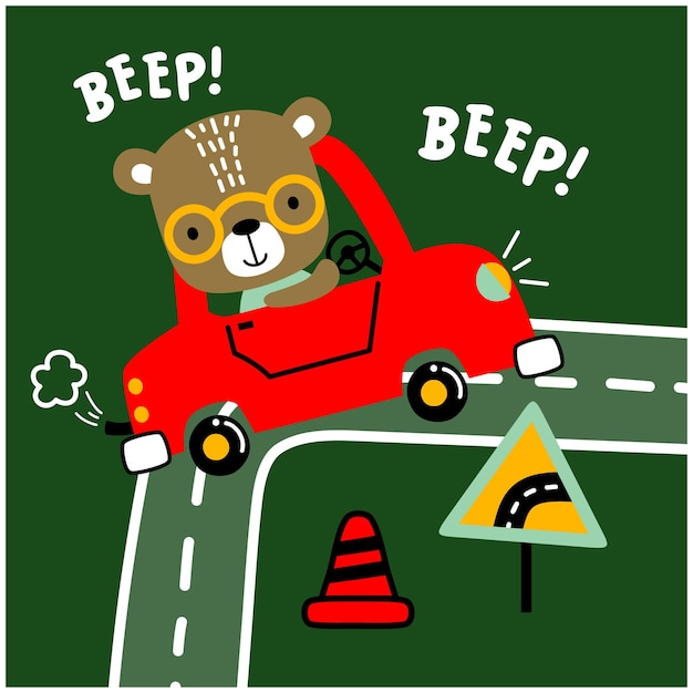 Cool bear on the car funny animal cartoon