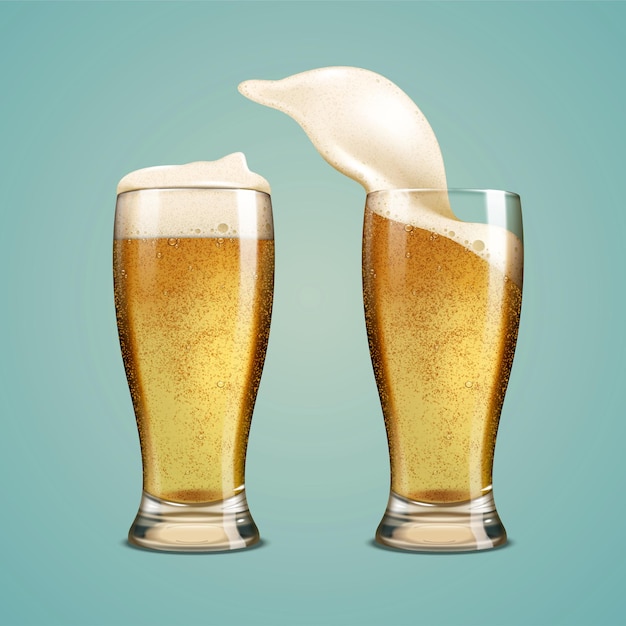 cool beer in glass cup on blue background, 3d illustration