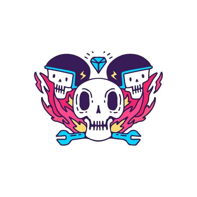 Cool biker skulls on fire element, illustration for t-shirt.