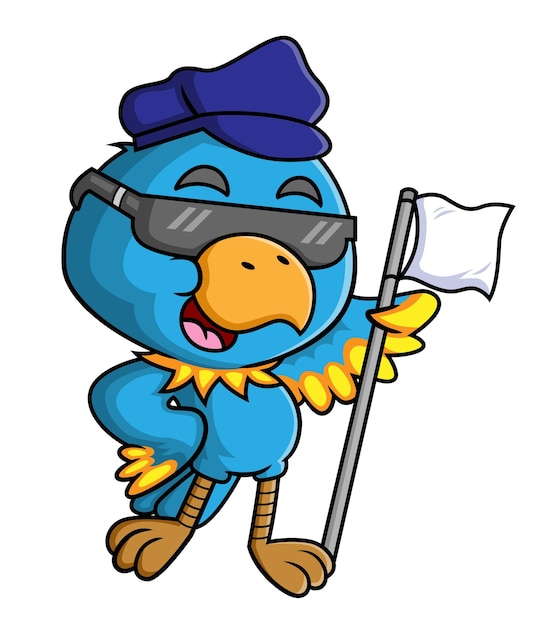 The cool bird is wearing sunglasses and cap while holding white flag