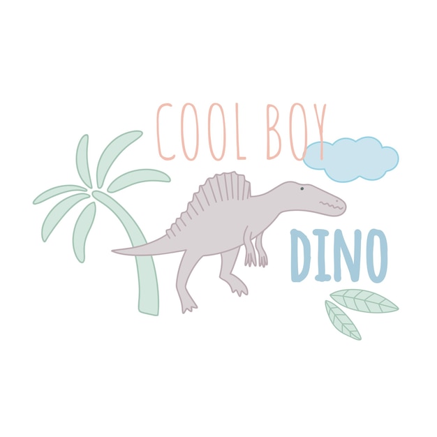 Cool boy dino baby card vector illustration Kid dinosaur composition with palm leaves and cloud