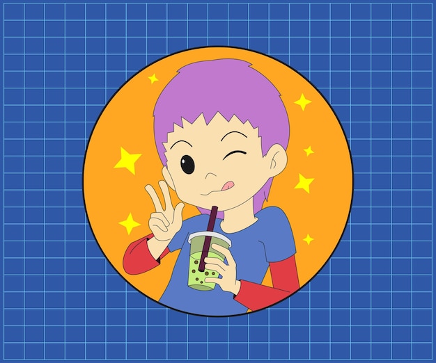 Vector cool boy drinkink boba cartoon character illustration flat design