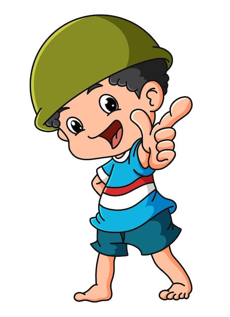 The cool boy is wearing an army cap and pointing of illustration