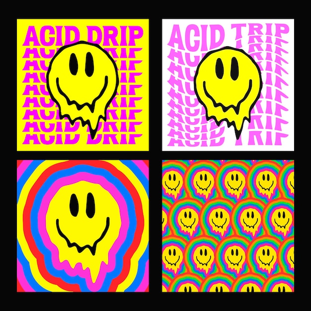 Vector cool bright acid smile artwork trendy rave colorful illustration distorted emoji vector design