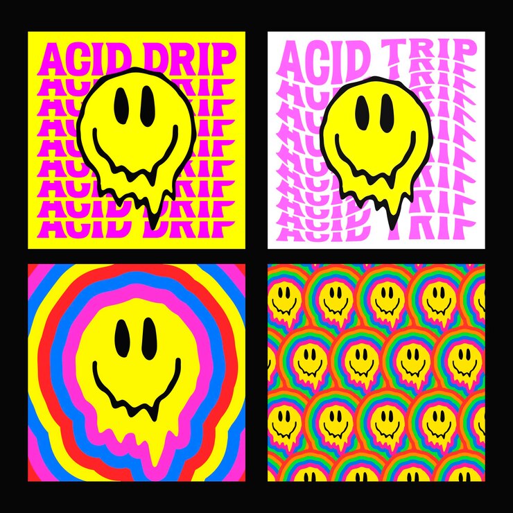 Vector cool bright acid smile artwork trendy rave kleurrijke illustratie vervormd emoji vector design