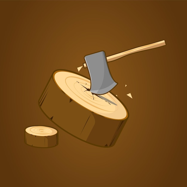 Vector cool brown wood with axe illustration