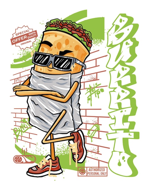 Cool Burrito Cartoon Character met Zonnebril Hipster Street Style