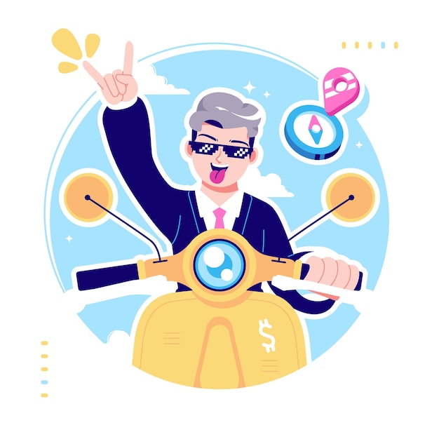 cool businessman ride a scooter illustration background