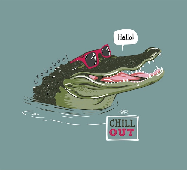 Cool cartoon crocodile with sunglasses vector hand drawn illustration