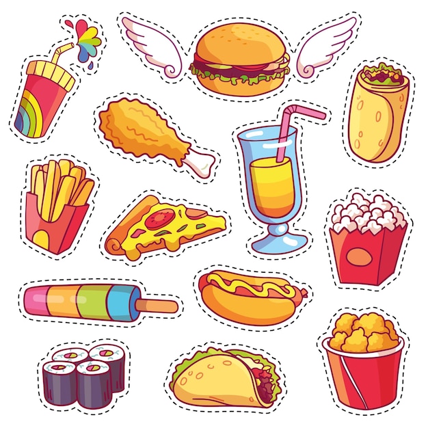 Cool cartoon set of fast food patch badges in pop art style Vector collection of stickers meal