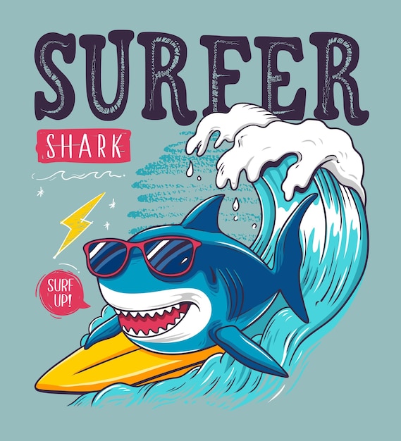 Cool cartoon shark surfing on a big wave Vector clip art