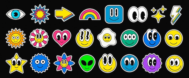 Вектор cool cartoon smile emoticon character stickers collection. набор модных милых забавных патчей. элементы поп-арта.