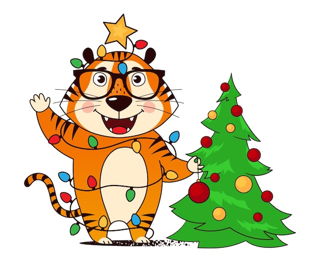 Cool cartoon tiger decorating Christmas tree with lights tangled up in a garland