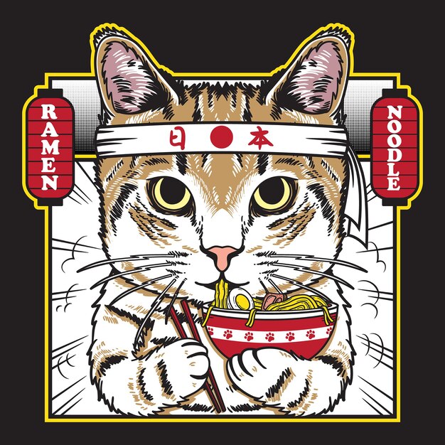 cool cat mangiare giappone noodle ramen illustrazione in stile piatto