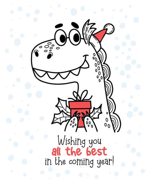 Cool Christmas card with cute dragon with gift with holly 2024 year dragon to eastern calendar