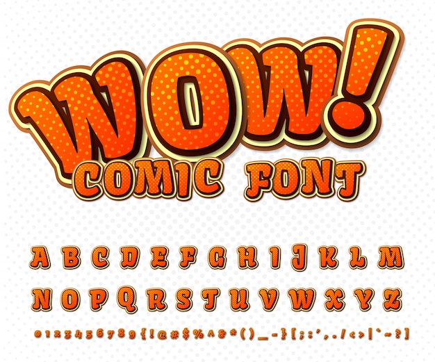 Raffreddare il carattere del fumetto, l'alfabeto del bambino in stile del libro di fumetti, pop art. numeri e lettere arancioni divertenti multistrato