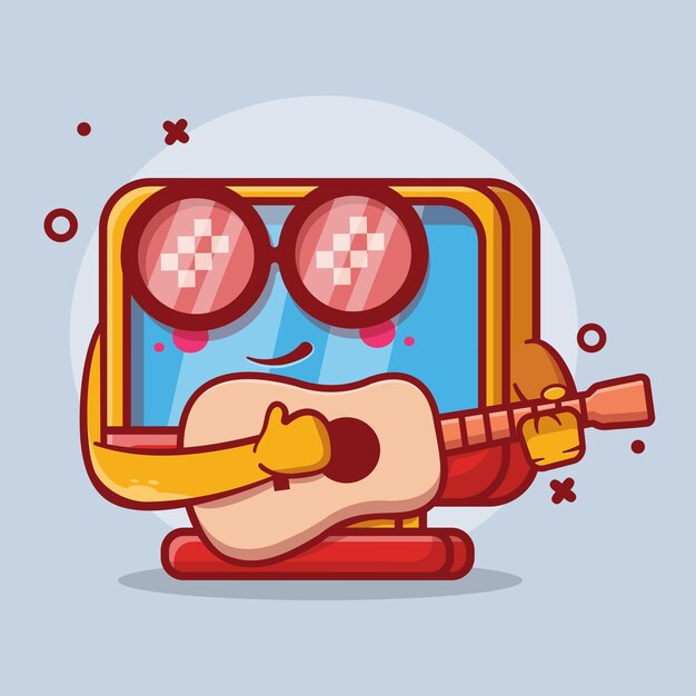 cool computer monitor character mascot playing guitar isolated cartoon in flat style design