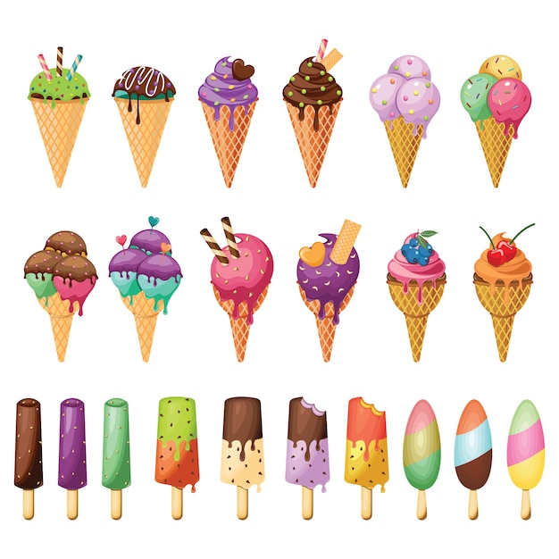 Cool cone ice cream stick isolated collection set