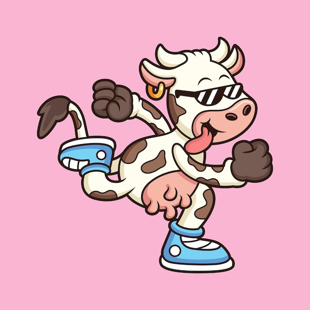 Cool cow with running pose cartoon Animal vector icon illustration isolated on premium vector