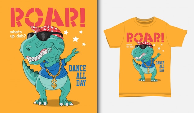 Cool dinosaur dabbing illustration with t-shirt design, Hand drawn