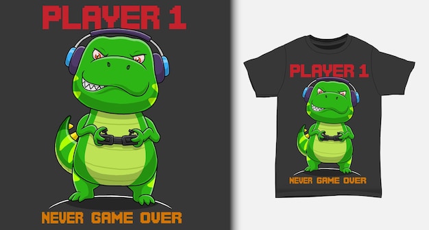 Vector cool dinosaur gamer with tshirt design