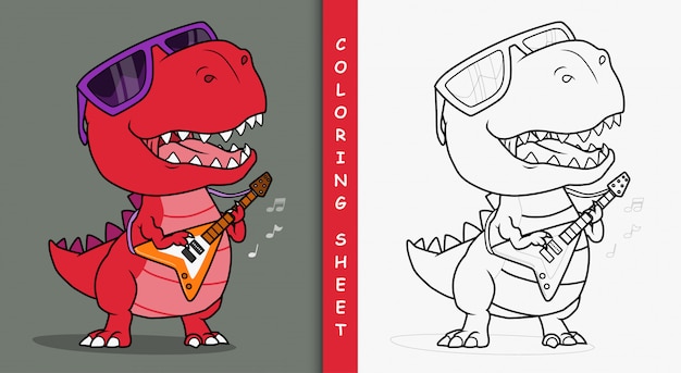 Cool dinosaur playing guitar. Coloring sheet.