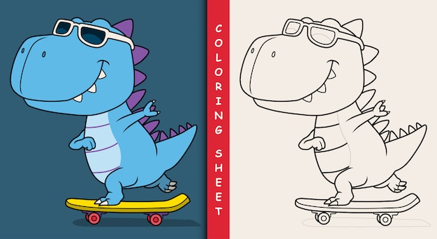スケートボードをするクールな恐竜。ぬりえ。
