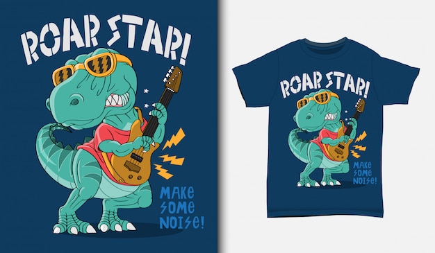 Cool dinosaur rock star illustration with t-shirt design, hand drawn