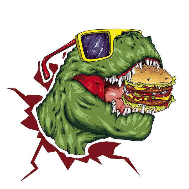 Cool dinosaur with glasses and burger