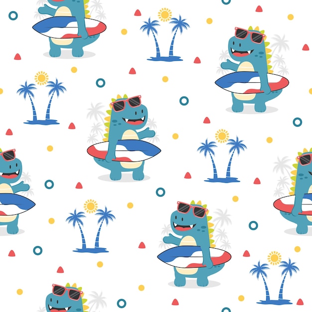 Cool dinosaur with surfboard cartoon vector pattern design concepts