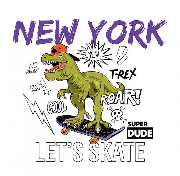 Bel tizio t-rex tyrannosaurus rex dino dinosauro in sella a skate board new york. illustrazione del personaggio dei cartoni animati fondo bianco isolato per il manifesto dell'autoadesivo dei vestiti della maglietta di progettazione della stampa