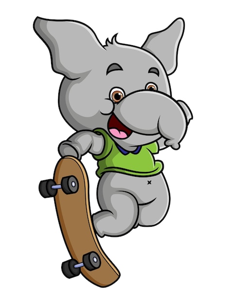 The cool elephant is playing a skateboard with trick