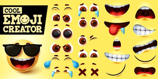 Fantastico set di vettori per creatore di emoji creatore di emoji in una bella faccia felice con occhiali da sole