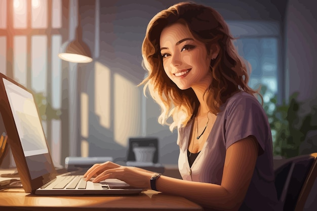 Vector cool girl smiling works on the computer front view illustration