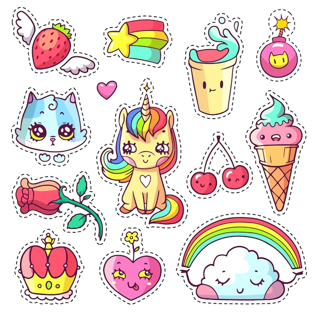 Cool girlish stickers set in 80s90s pop art comic style patch badges and pins with cartoon vector