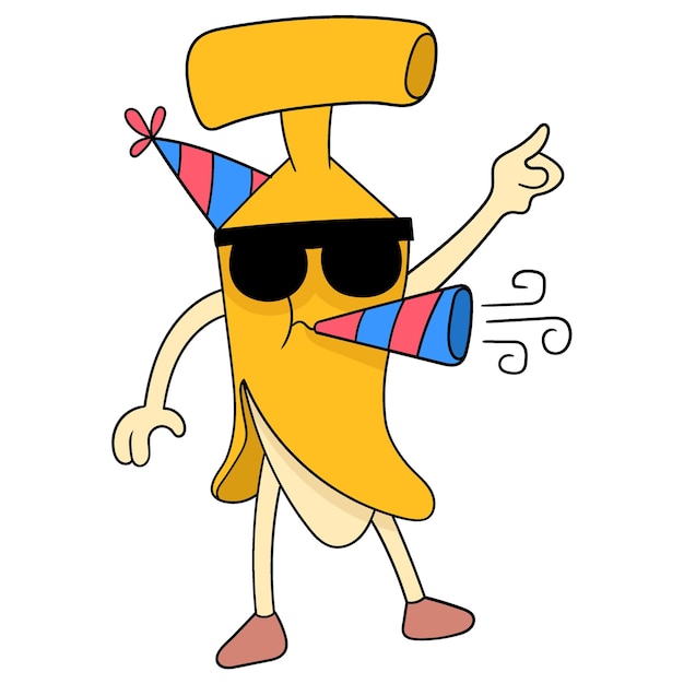 Прохладный банан в очках празднует день рождения каракули значок изображения каваи