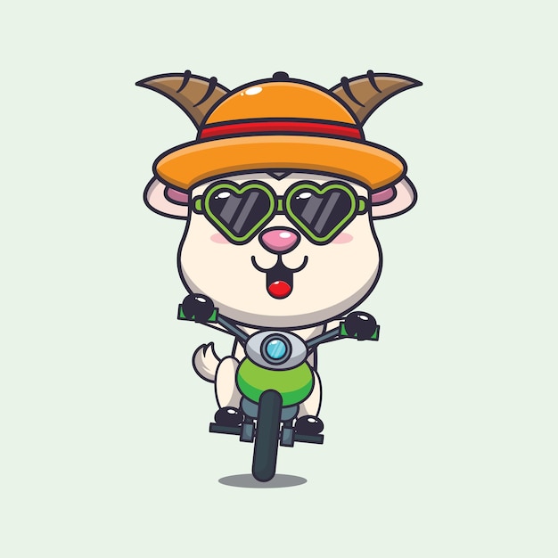 Vector cool goat with sunglasses riding a motorcycle in summer day.
