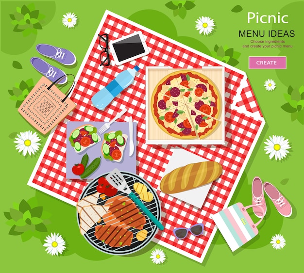 Bella grafica di picnic per le vacanze estive con barbecue, pizza, panini, pane fresco, verdure e bottiglia d'acqua disposte su un panno a quadri rosso e bianco.